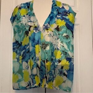 Alfani Blue and Yellow Cap Sleeve Relaxed Blouse